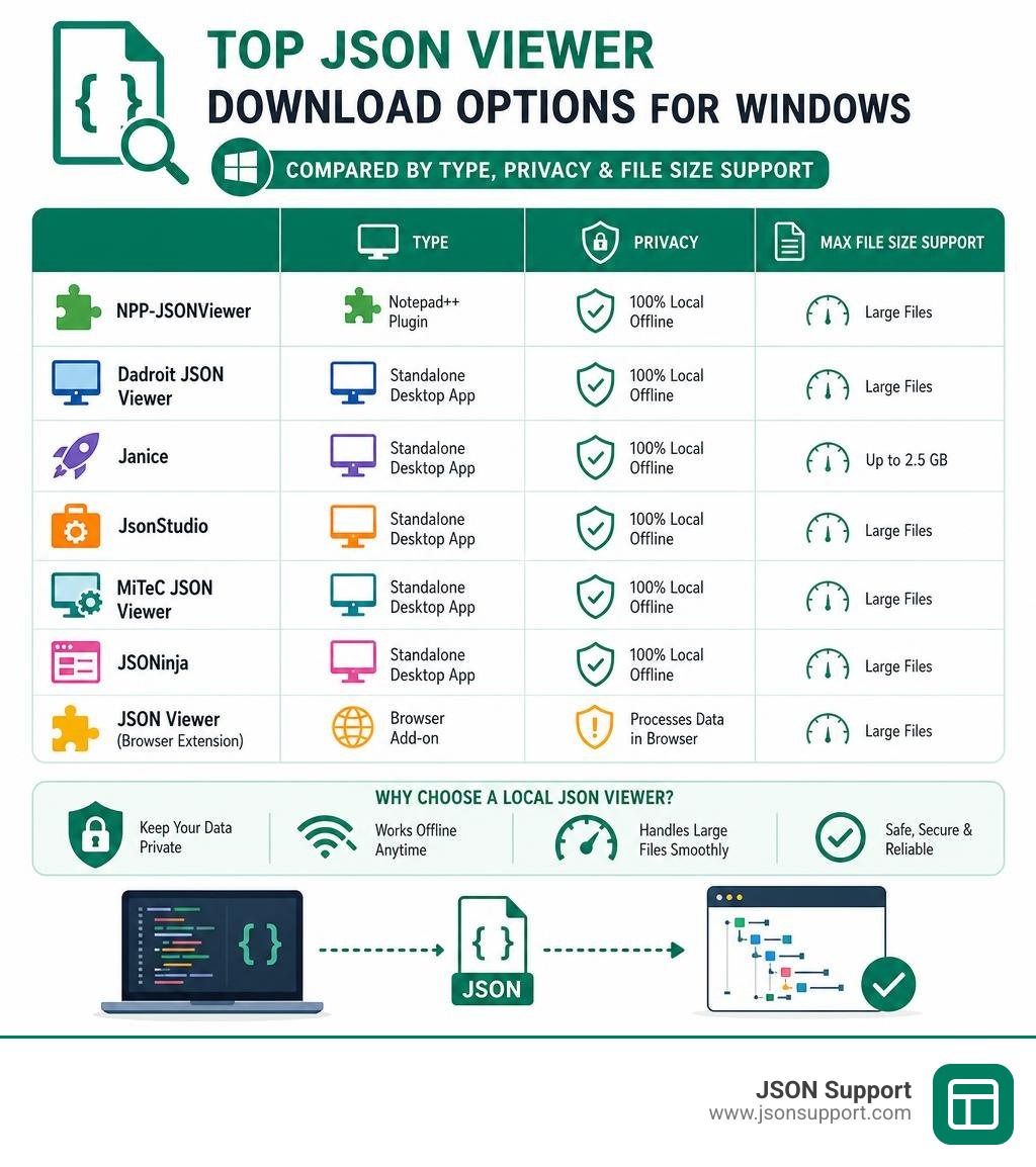 Top JSON viewer download options for Windows compared by type, privacy, and file size support infographic Top JSON viewer download options for Windows compared by type, privacy, and file size support infographic