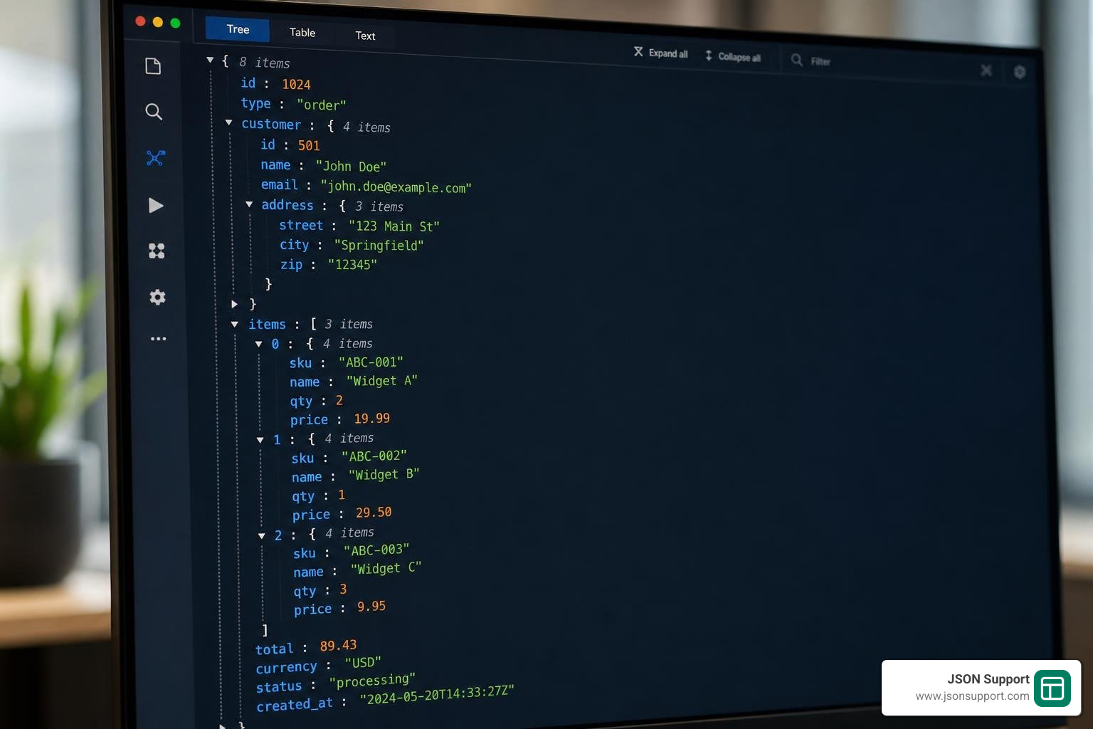 Interactive tree view of nested JSON data with syntax highlighting Interactive tree view of nested JSON data with syntax highlighting