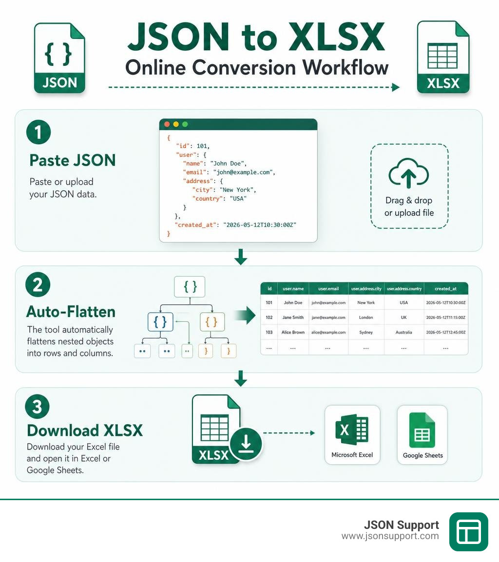 JSON to XLSX online conversion workflow: paste JSON, auto-flatten nested objects, download Excel file infographic JSON to XLSX online conversion workflow: paste JSON, auto-flatten nested objects, download Excel file infographic