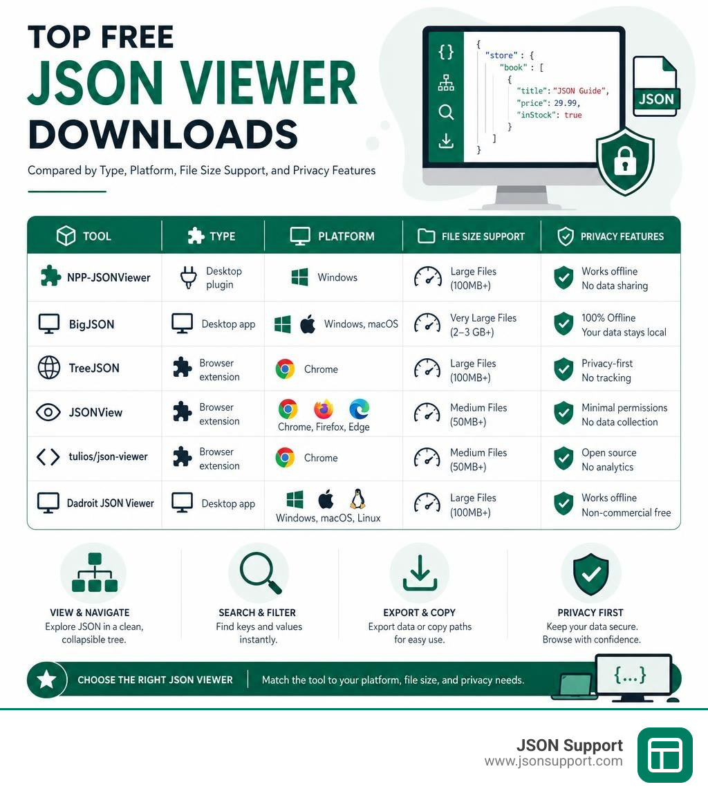 Top free JSON viewer downloads compared by type, platform, file size support, and privacy features infographic Top free JSON viewer downloads compared by type, platform, file size support, and privacy features infographic