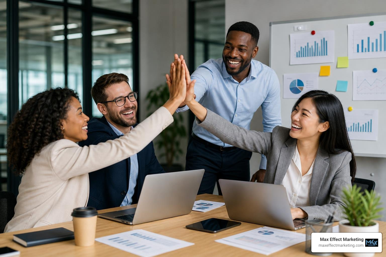 Happy sales team closing high-value deals with nurtured leads Happy sales team closing high-value deals with nurtured leads