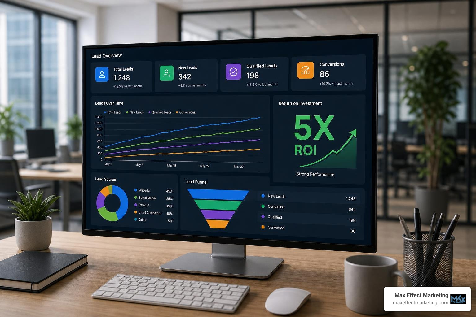 Dashboard visual showing lead tracking metrics and 5X ROI Dashboard visual showing lead tracking metrics and 5X ROI