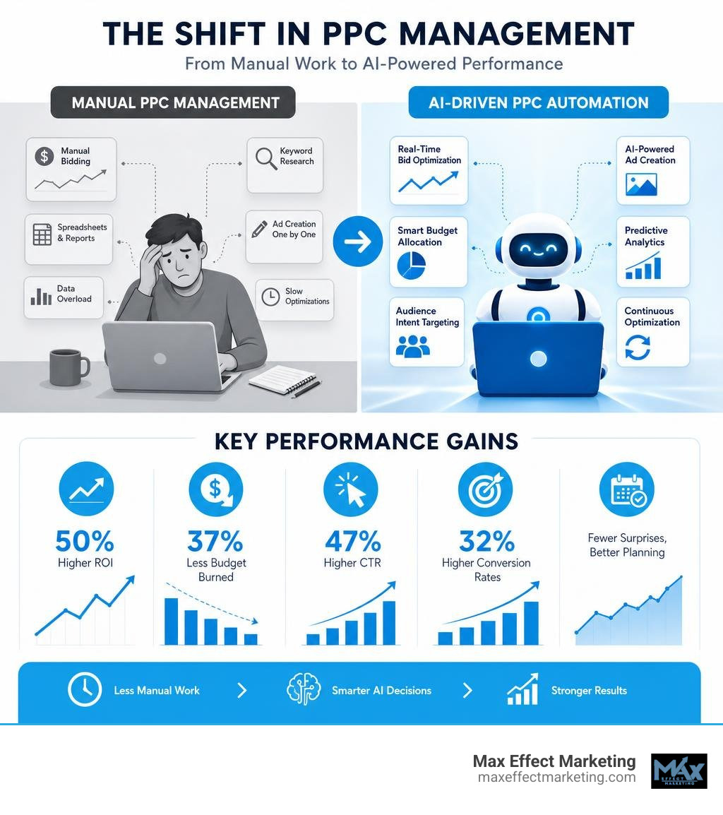 Infographic showing the shift from manual PPC management to AI-driven PPC automation and key performance gains infographic Infographic showing the shift from manual PPC management to AI-driven PPC automation and key performance gains infographic