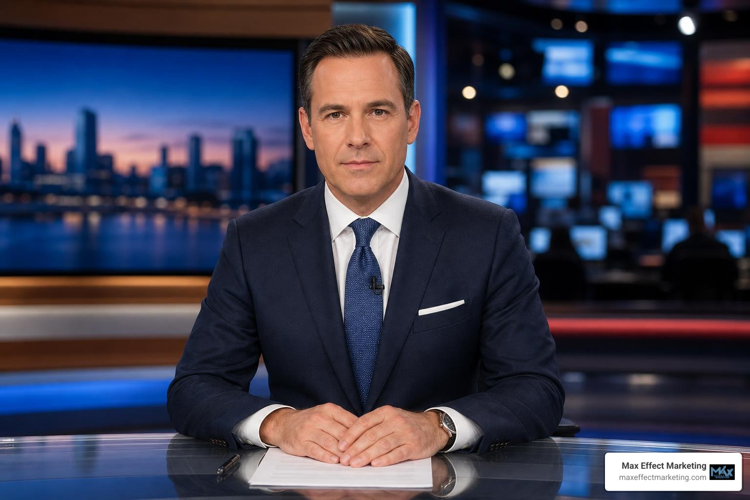 trusted news anchor presenting a broadcast