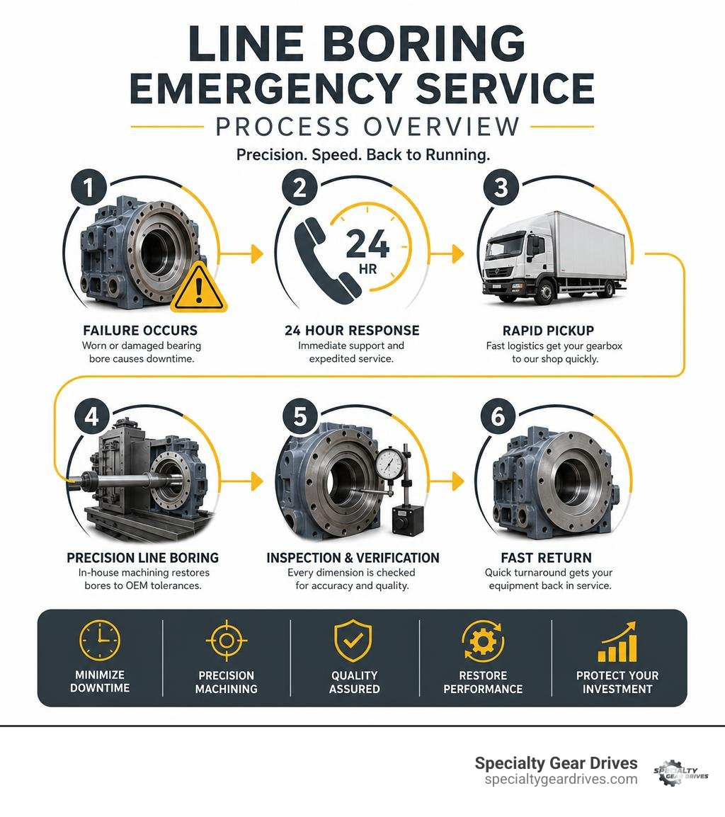 Line boring emergency service process overview infographic for industrial gearbox repair infographic Line boring emergency service process overview infographic for industrial gearbox repair infographic