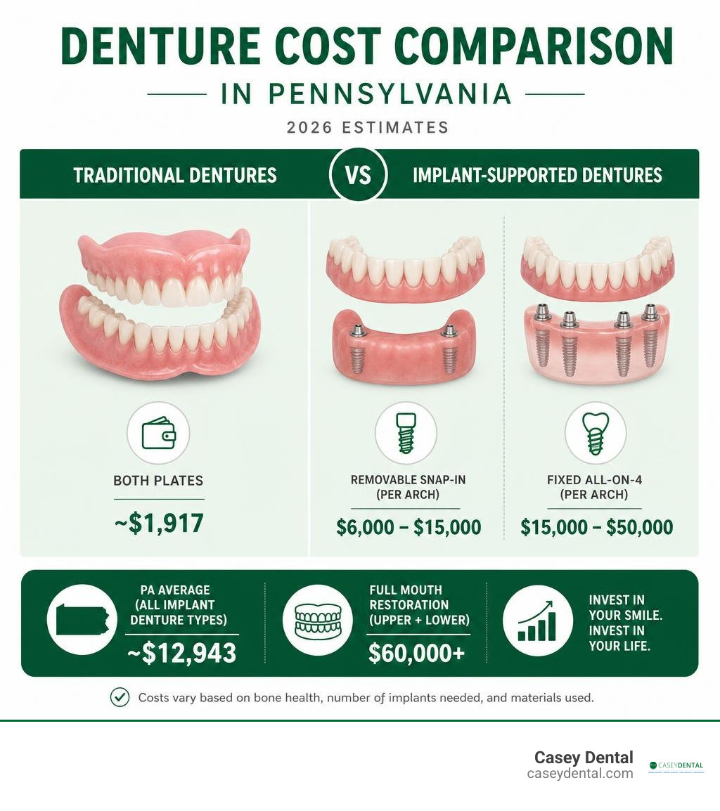Infographic comparing traditional dentures vs implant-supported dentures costs in Pennsylvania infographic
