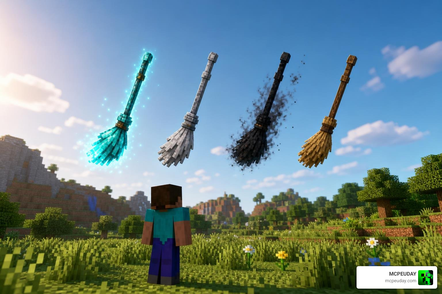 Different magic broom variants showcasing material tiers and styles in Minecraft Bedrock