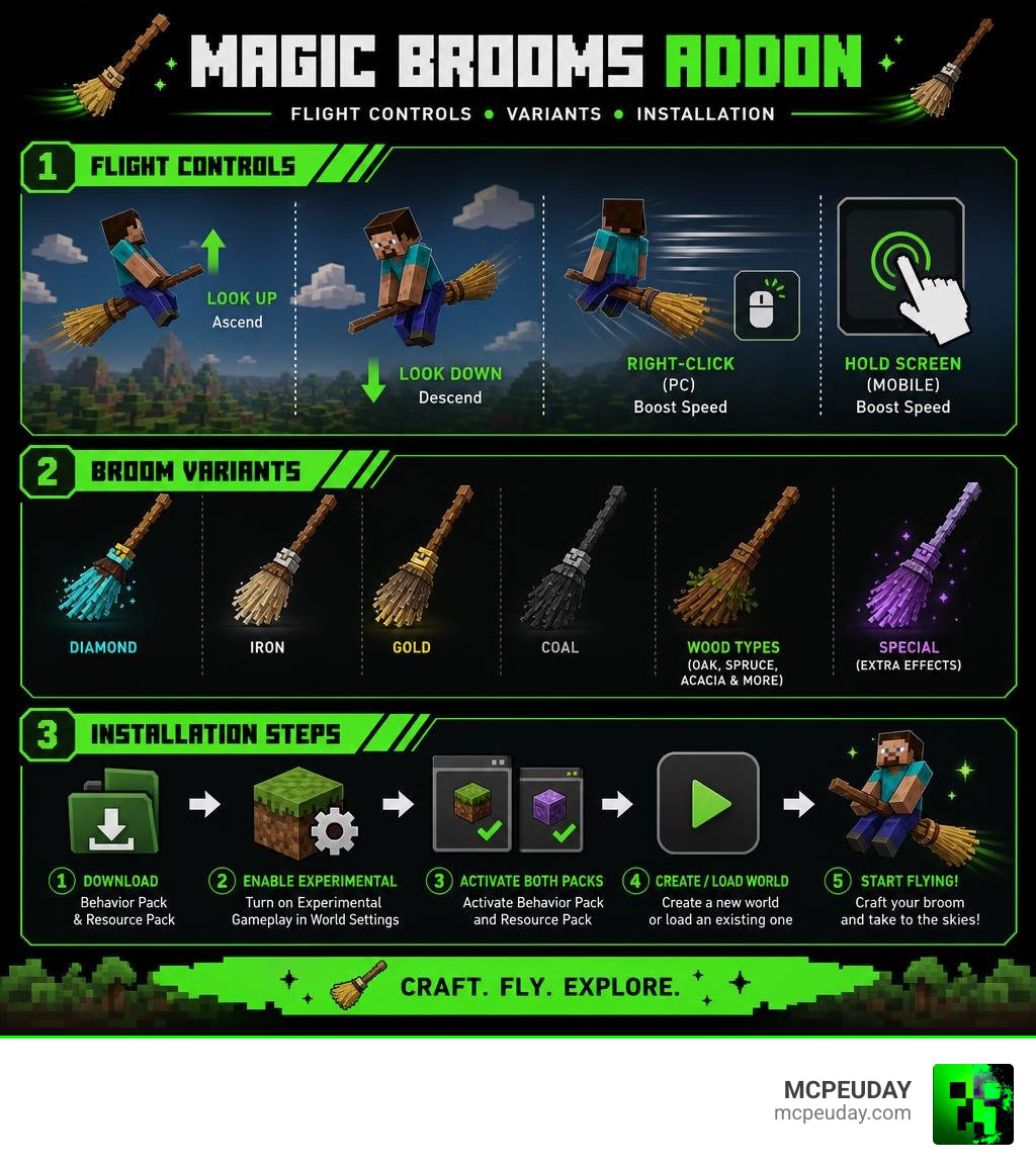 Infographic comparing Magic Brooms Addon flight controls, variants, and installation steps for Minecraft Bedrock infographic