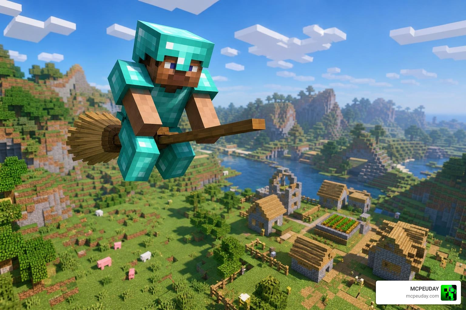 Magic Brooms Addon player flying on broomstick over Minecraft world