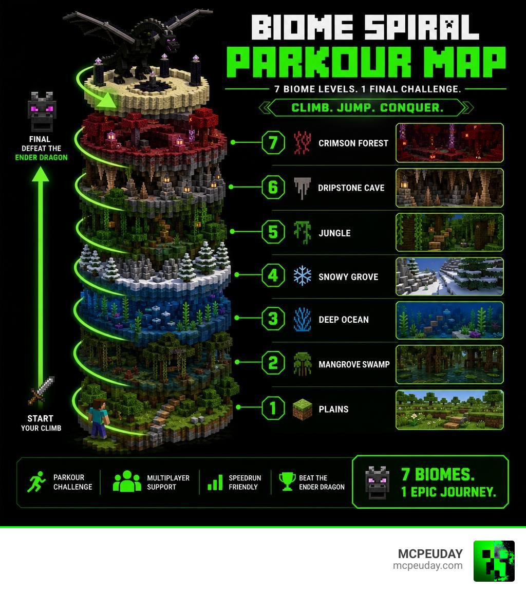 Biome Spiral Parkour map vertical progression through 7 biome levels to the Ender Dragon infographic