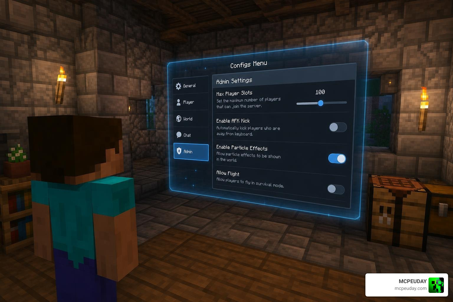 Configs Menu interface showing admin settings, slot limits, and particle toggles