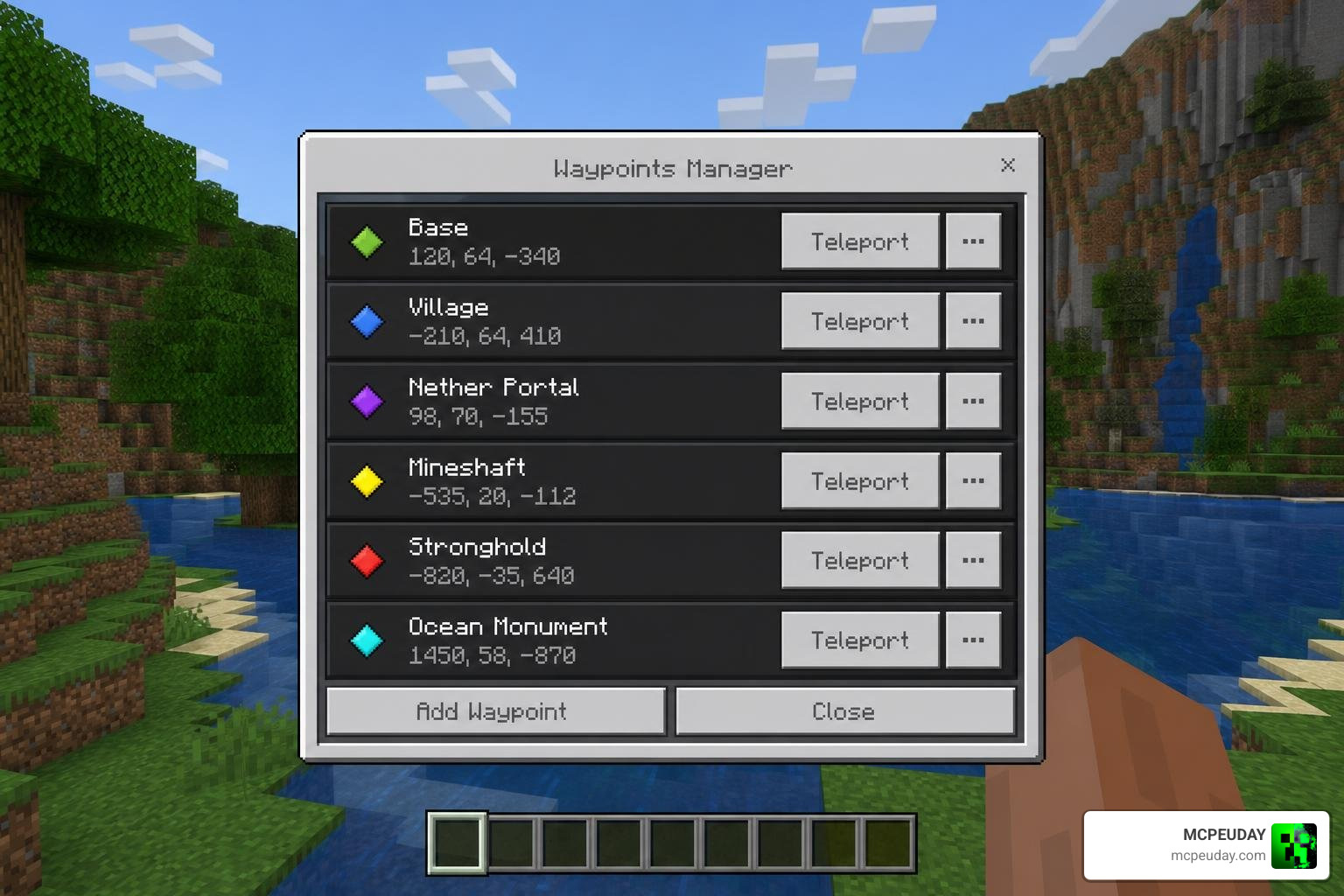 Waypoints Manager UI showing saved locations and teleportation options in Minecraft Bedrock