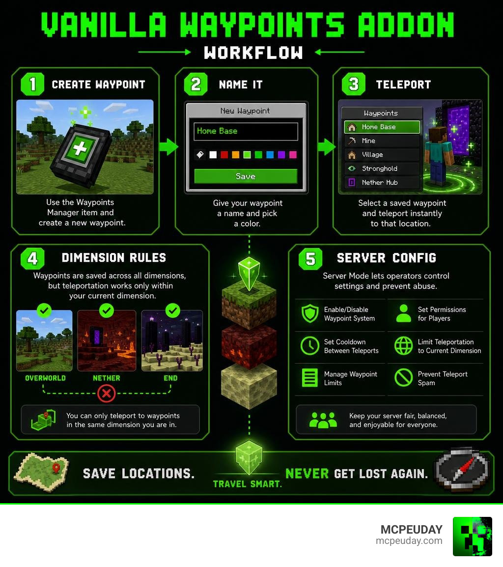 Vanilla Waypoints Addon workflow: create waypoint, name it, teleport, dimension rules, server config infographic