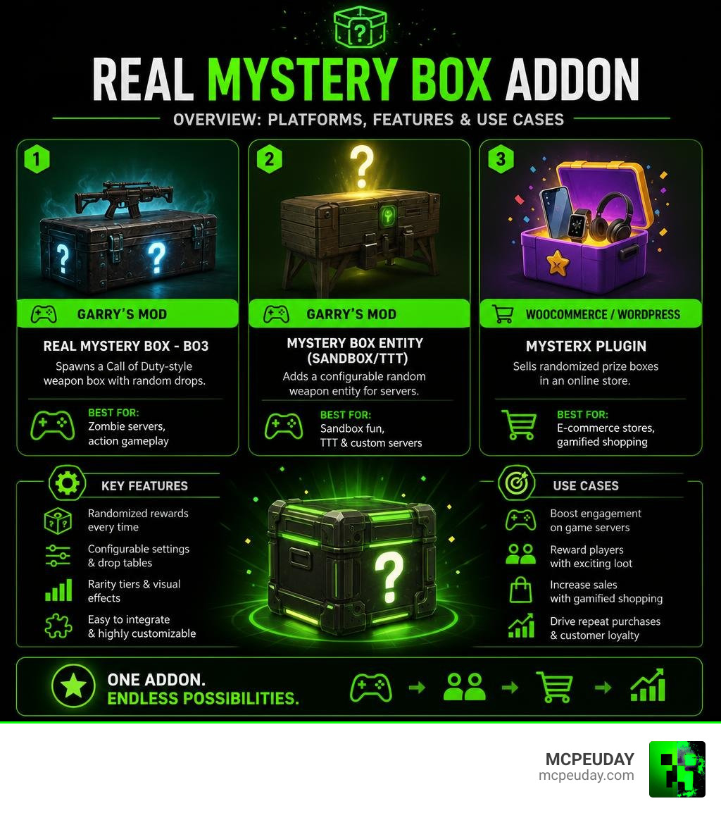 Overview infographic comparing Real Mystery Box Addon platforms, features, and use cases infographic