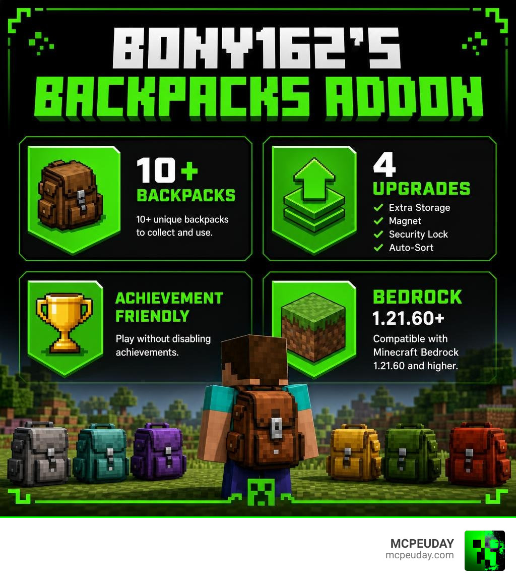 Infographic showing BONY162's Backpacks Addon features: 10+ backpacks, 4 upgrades, achievement-friendly, Bedrock 1.21.60+