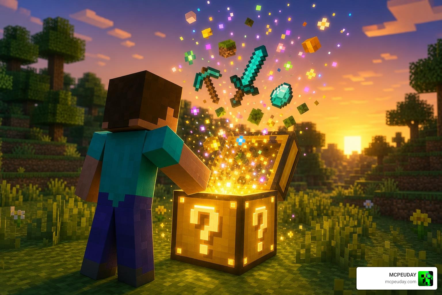 Minecraft player opening a lucky mystery box