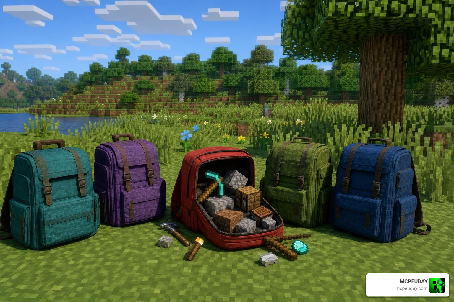 Placeable backpacks set down on the grassy plains in Minecraft Bedrock