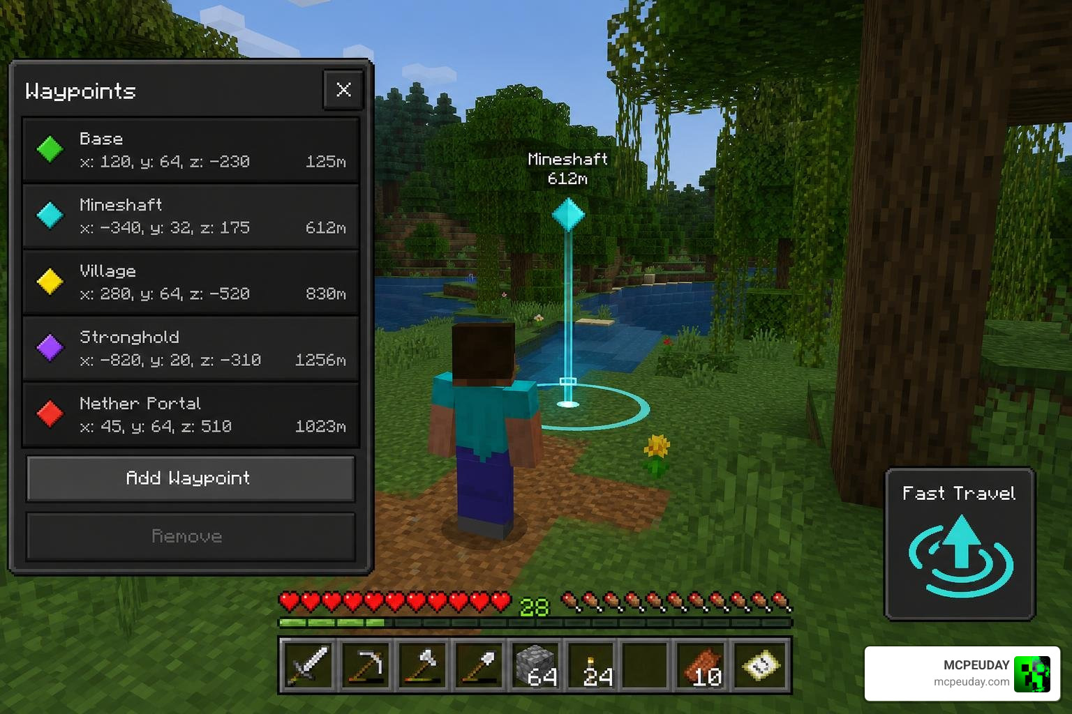 Vanilla Waypoints Addon Minecraft Bedrock interface coordinate tracking fast travel