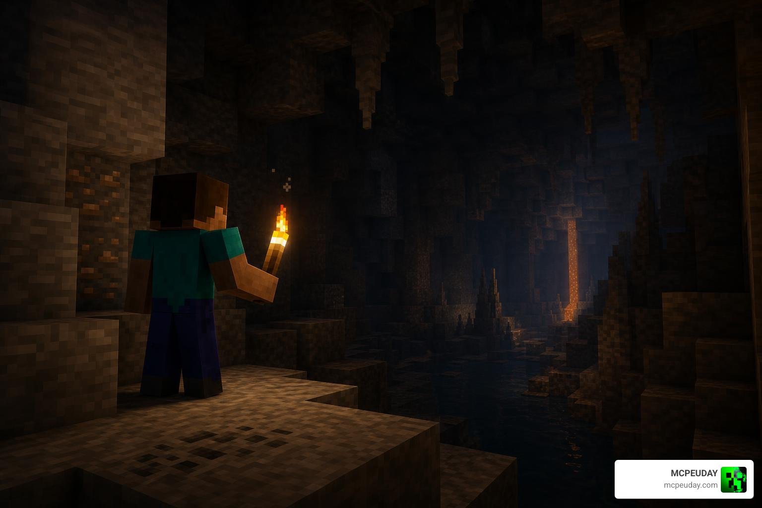 A dark Minecraft cave illuminated by a single torch, showcasing the deep cavernous atmosphere