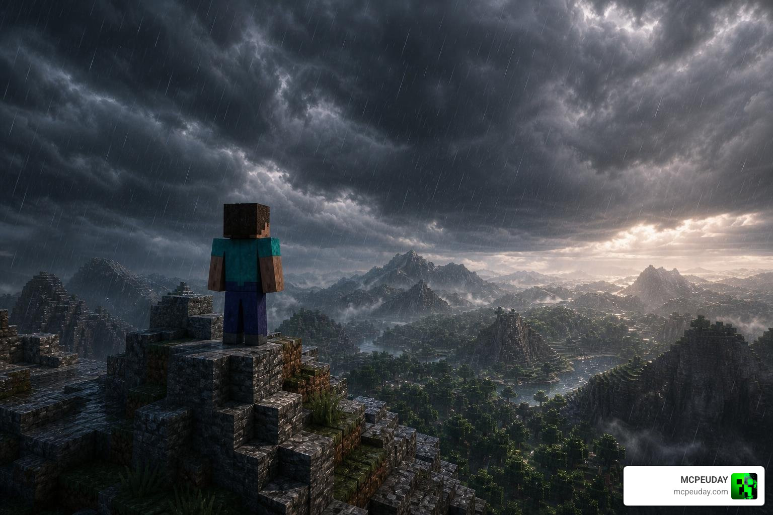 A Minecraft player standing on a high mountain peak looking out at the horizon during a windstorm