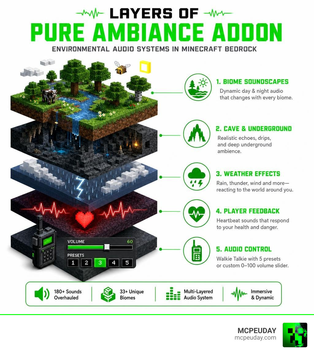 Infographic showing layers of Pure Ambiance Addon environmental audio systems in Minecraft Bedrock infographic