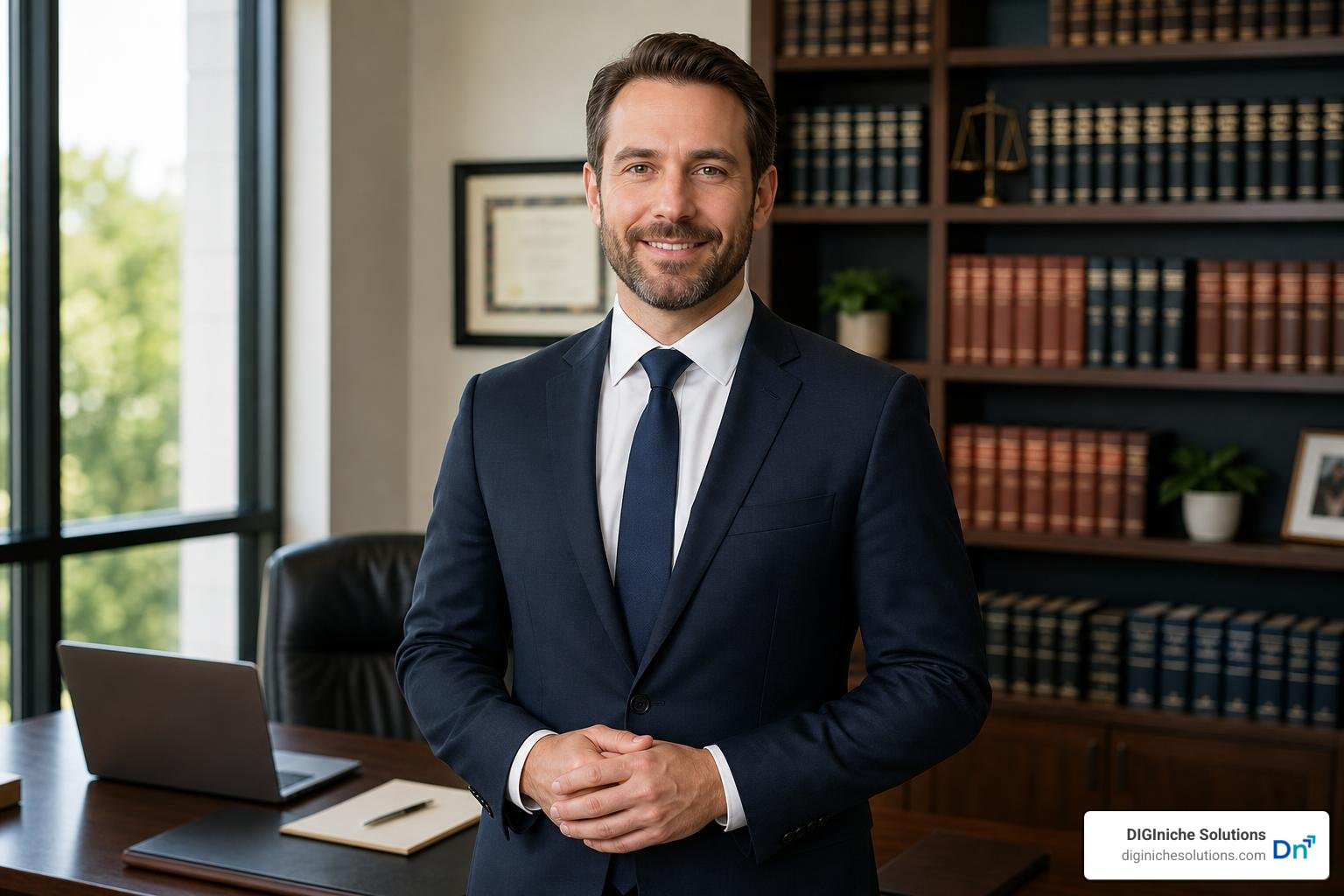 An attorney speaking directly to the camera with confidence An attorney speaking directly to the camera with confidence