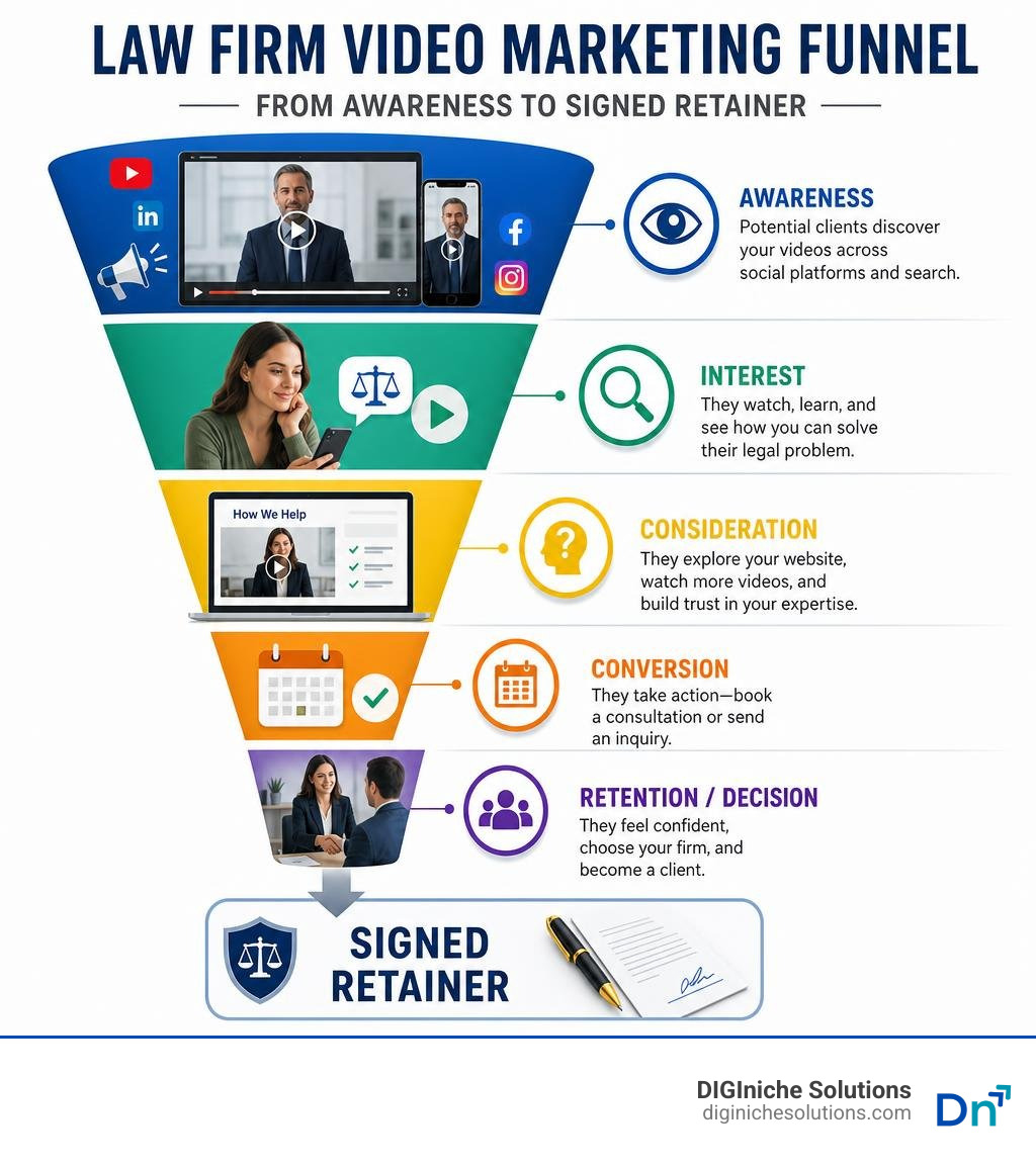 Law firm video marketing funnel from awareness to signed retainer infographic Law firm video marketing funnel from awareness to signed retainer infographic
