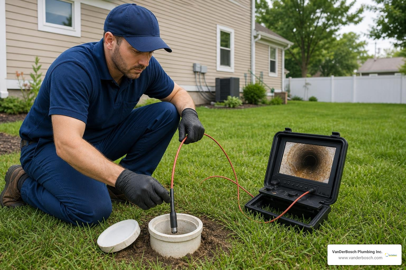 Plumber performing high-definition sewer camera inspection Plumber performing high-definition sewer camera inspection