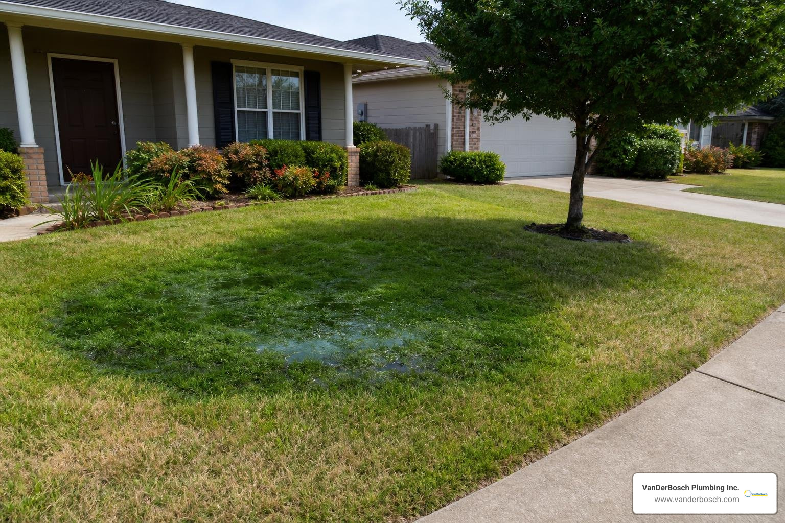 Soggy wet grass patch in yard indicating sewer leak Soggy wet grass patch in yard indicating sewer leak