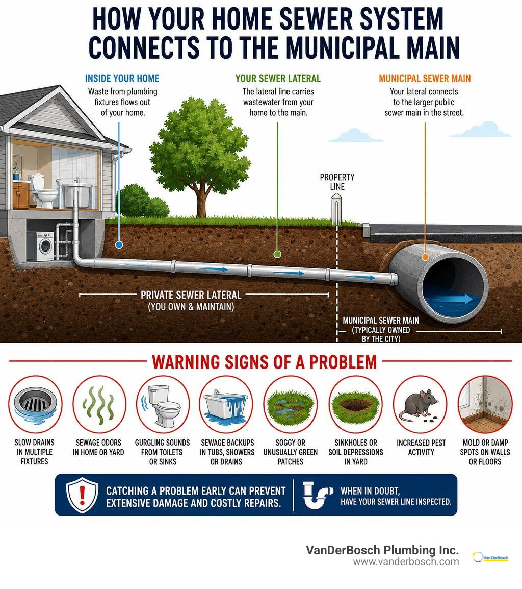 How a home sewer system connects to the municipal main, showing lateral line and warning signs infographic How a home sewer system connects to the municipal main, showing lateral line and warning signs infographic