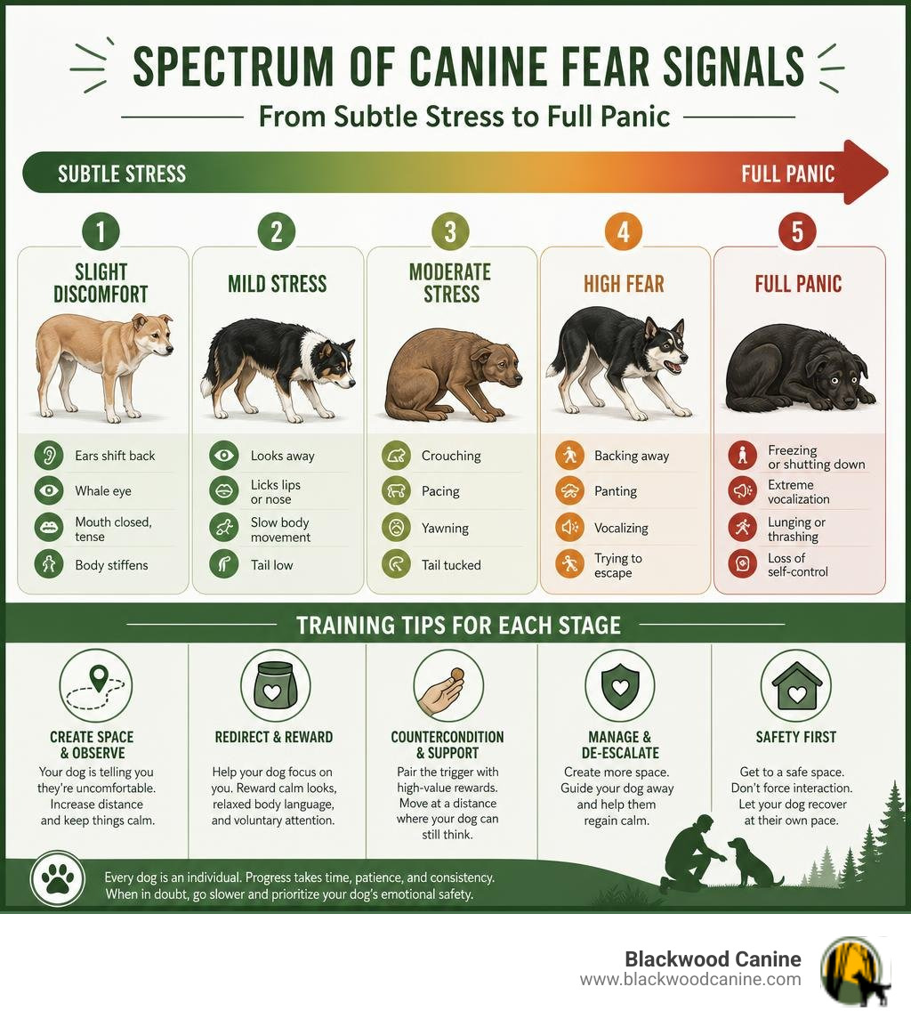 Spectrum of canine fear signals from subtle stress to full panic, with training tips for each stage infographic Spectrum of canine fear signals from subtle stress to full panic, with training tips for each stage infographic