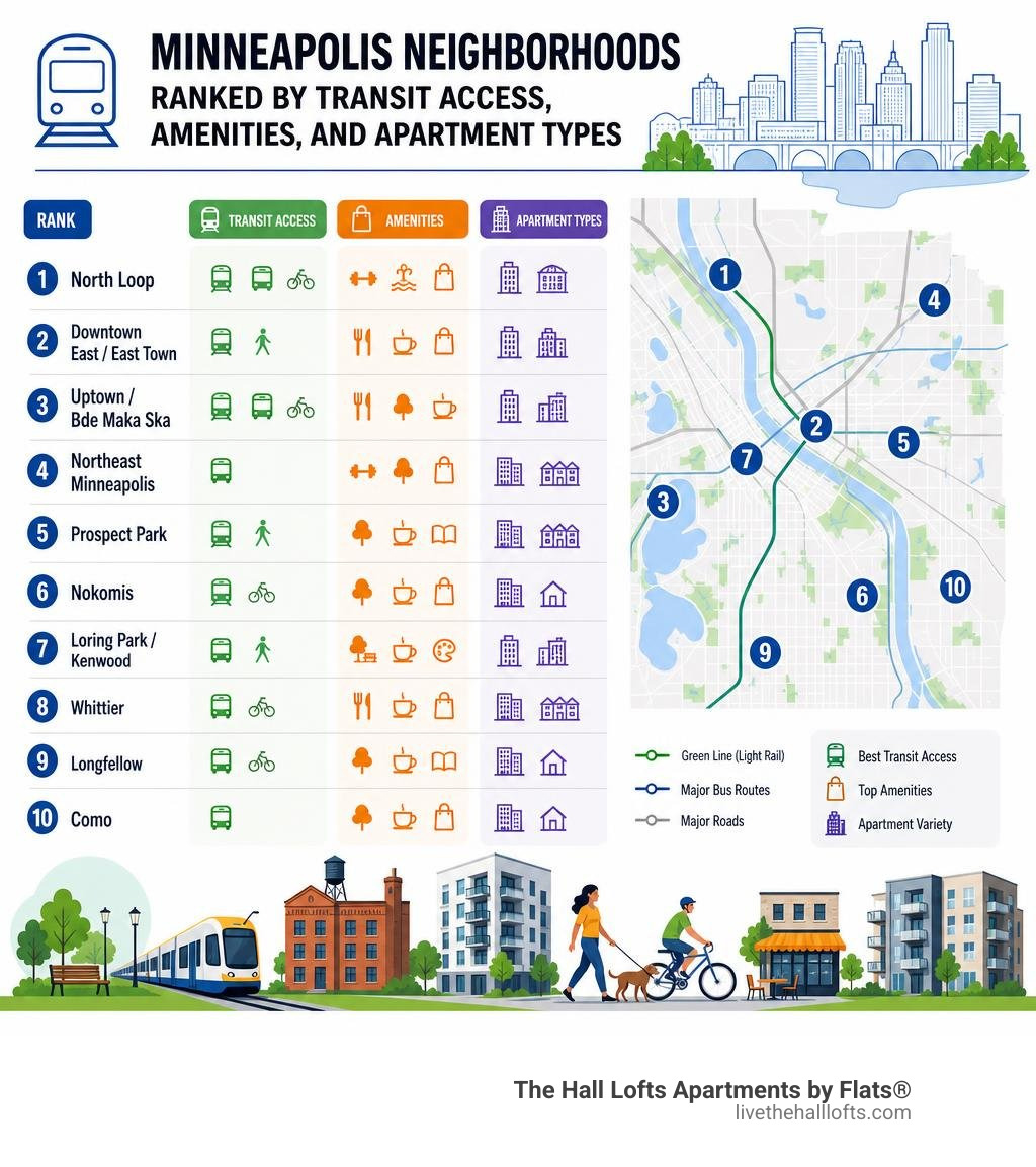 Minneapolis neighborhoods ranked by transit access, amenities, and apartment types infographic Minneapolis neighborhoods ranked by transit access, amenities, and apartment types infographic