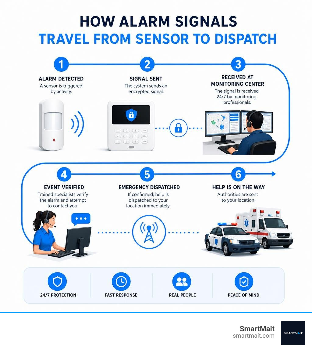 How alarm signals travel from sensor to dispatch — infographic showing monitoring process steps infographic How alarm signals travel from sensor to dispatch — infographic showing monitoring process steps infographic