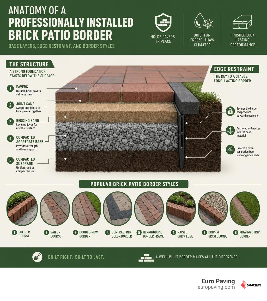 Anatomy of a professionally installed brick patio border showing base layers, edge restraint, and border styles infographic
