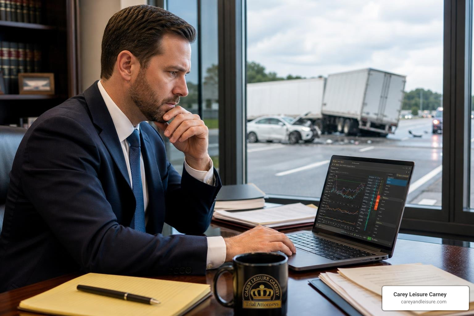lawyer reviewing truck black box and electronic logging data after a highway crash