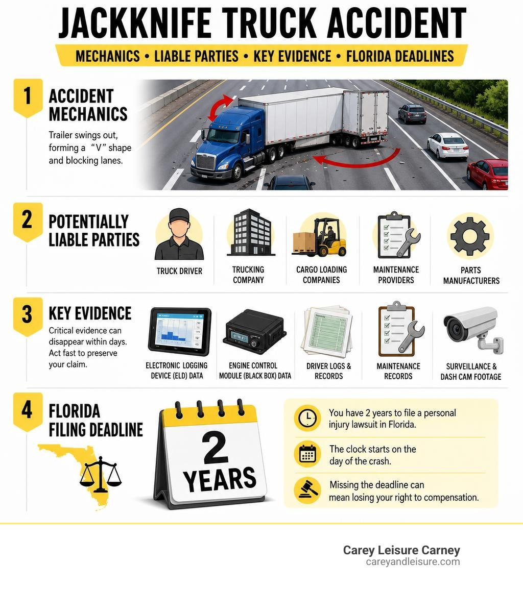 infographic showing jackknife truck accident mechanics, liable parties, key evidence, and Florida filing deadlines