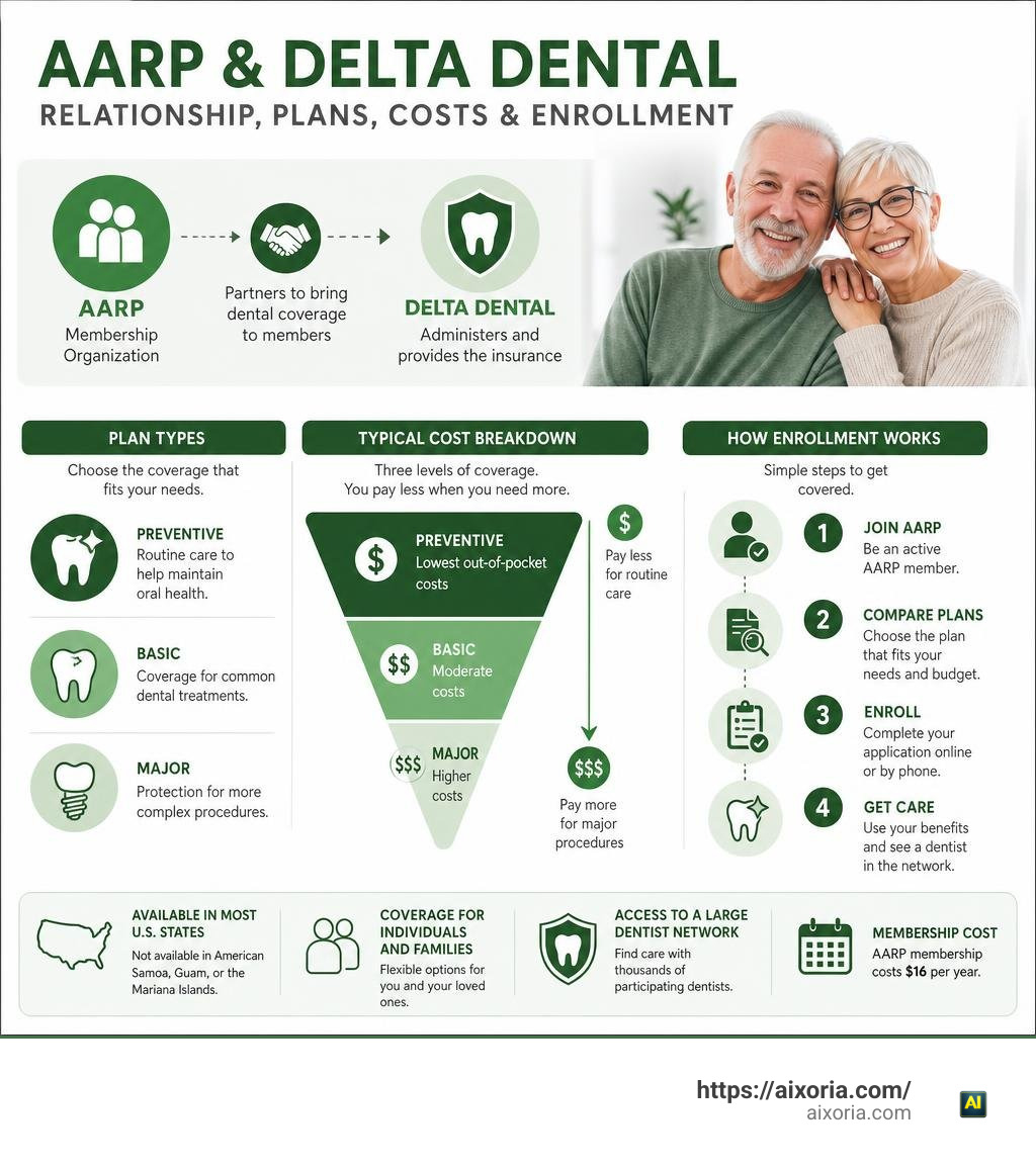 AARP and Delta Dental relationship, plan types, costs, and how enrollment works infographic AARP and Delta Dental relationship, plan types, costs, and how enrollment works infographic