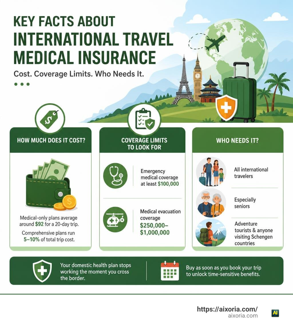 Key facts about international travel medical insurance: cost, coverage limits, who needs it infographic