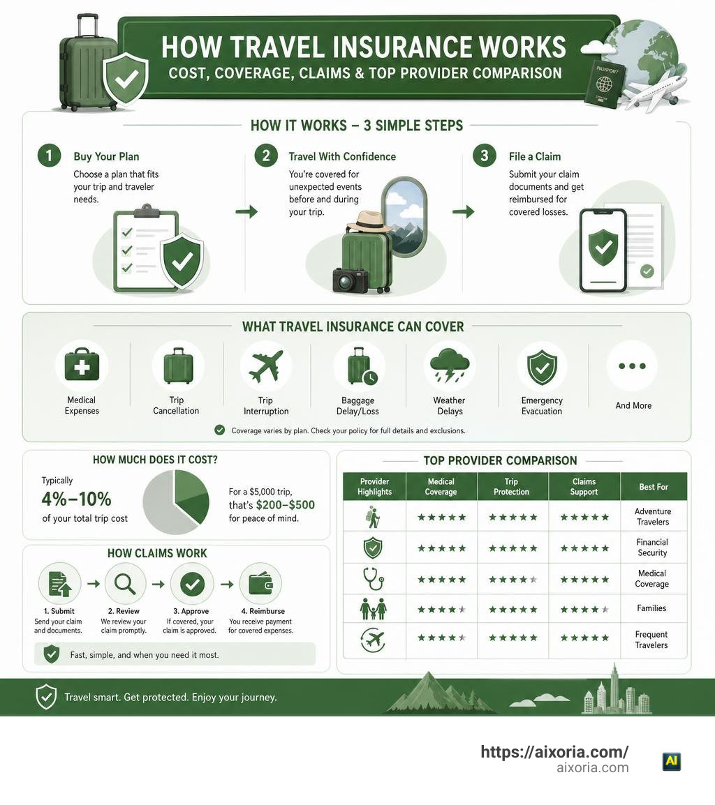 How travel insurance works: cost, coverage, claims, and top provider comparison infographic How travel insurance works: cost, coverage, claims, and top provider comparison infographic