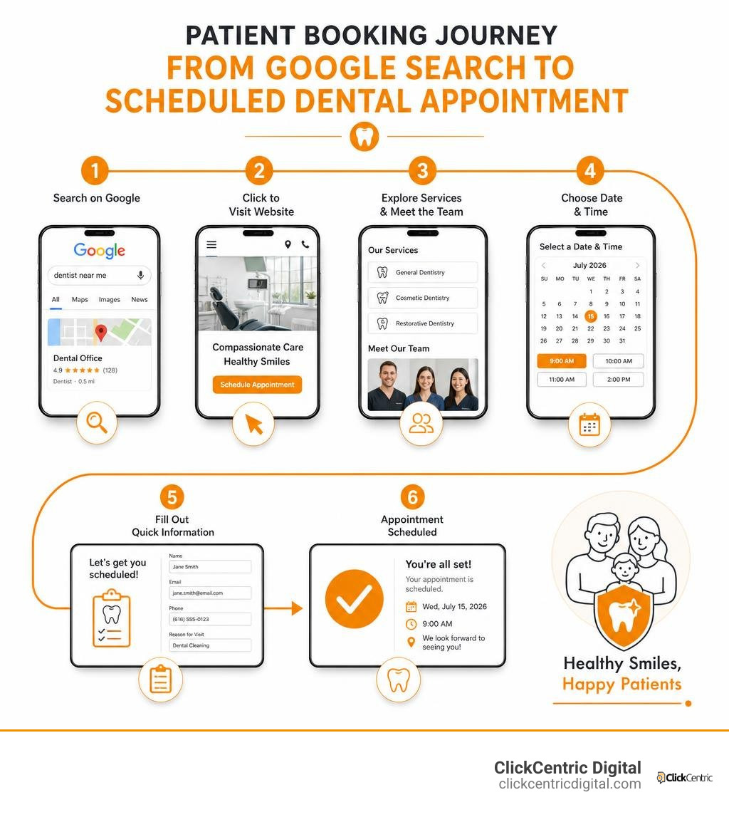Patient booking journey from Google search to scheduled dental appointment infographic infographic Patient booking journey from Google search to scheduled dental appointment infographic infographic