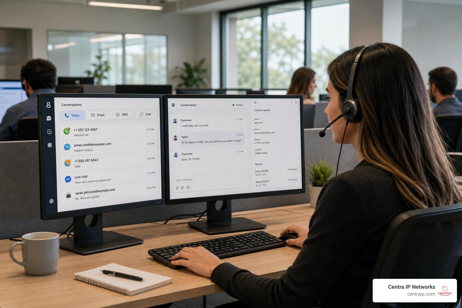 Modern contact center software interface displaying omnichannel agent workspace Modern contact center software interface displaying omnichannel agent workspace