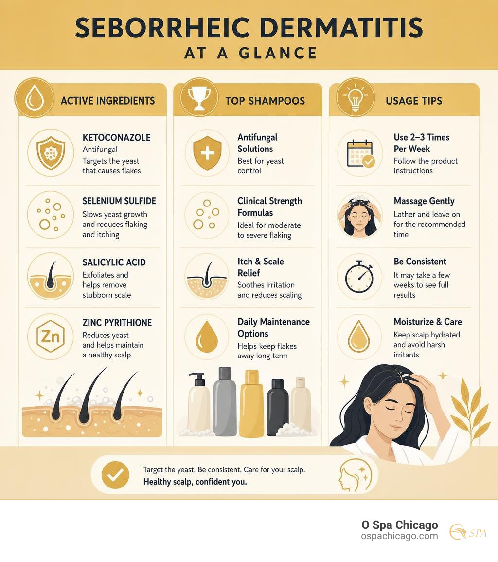 Active ingredients, top shampoos, and usage tips for seborrheic dermatitis at a glance infographic Active ingredients, top shampoos, and usage tips for seborrheic dermatitis at a glance infographic