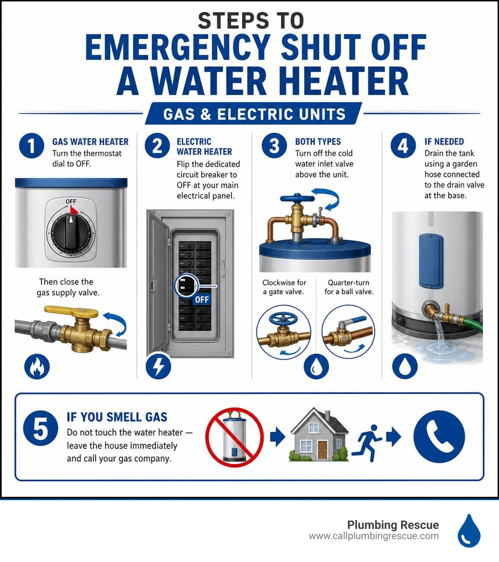 Steps to emergency shut off a water heater for gas and electric units infographic Steps to emergency shut off a water heater for gas and electric units infographic