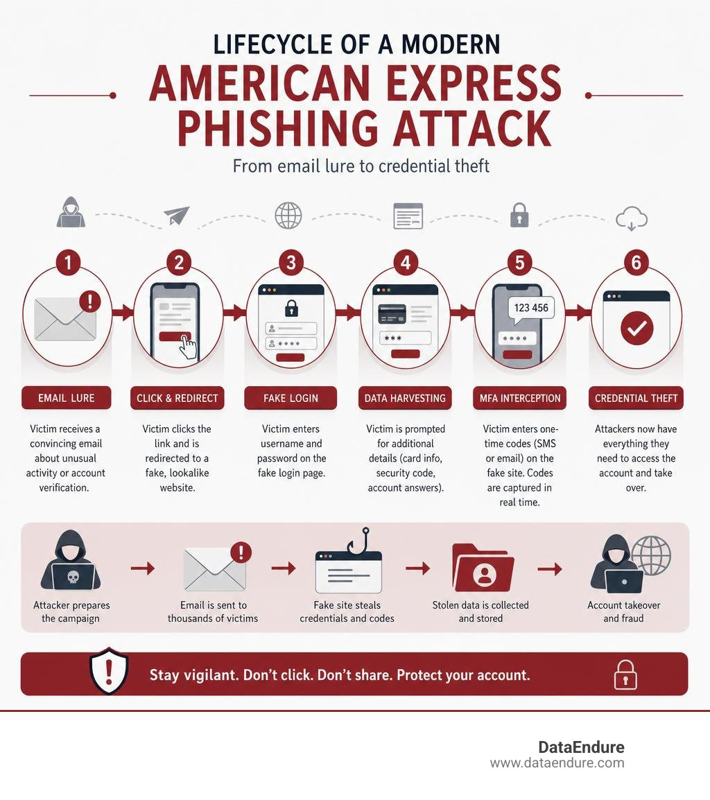 Lifecycle of a modern American Express phishing attack from email lure to credential theft infographic Lifecycle of a modern American Express phishing attack from email lure to credential theft infographic