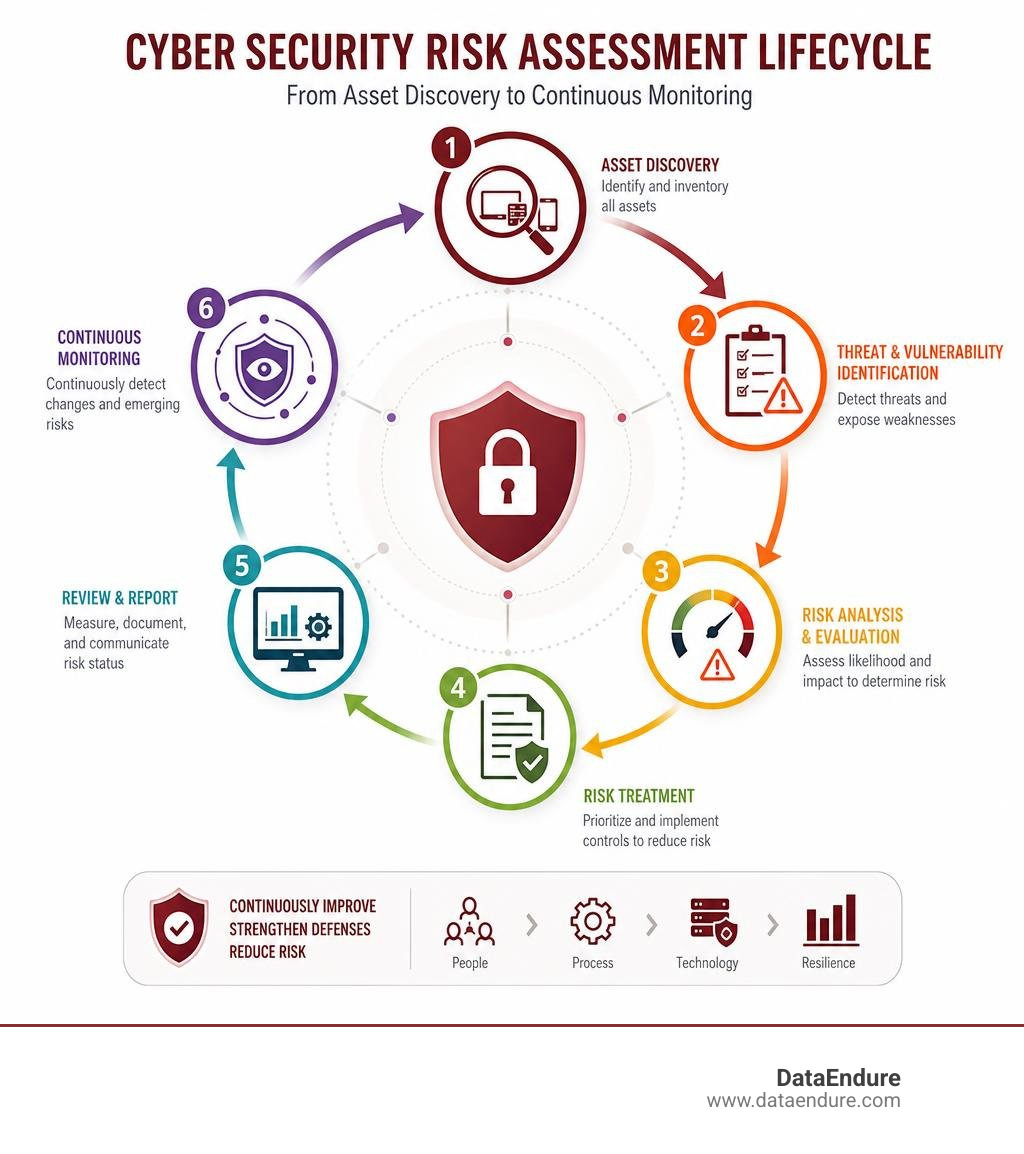 Cyber security risk assessment lifecycle: from asset discovery to continuous monitoring infographic Cyber security risk assessment lifecycle: from asset discovery to continuous monitoring infographic