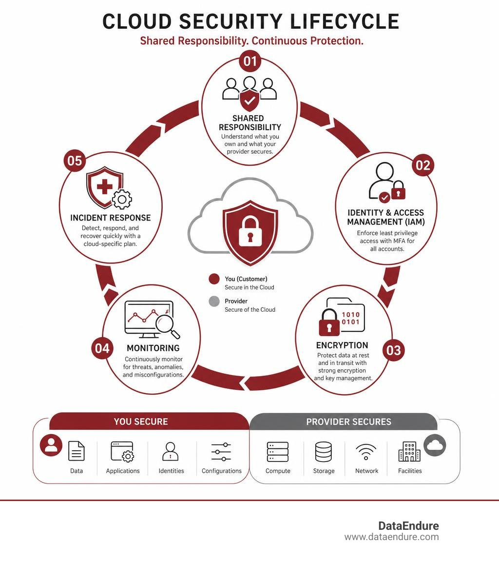 Cloud security lifecycle infographic showing shared responsibility, IAM, encryption, monitoring, and incident response Cloud security lifecycle infographic showing shared responsibility, IAM, encryption, monitoring, and incident response