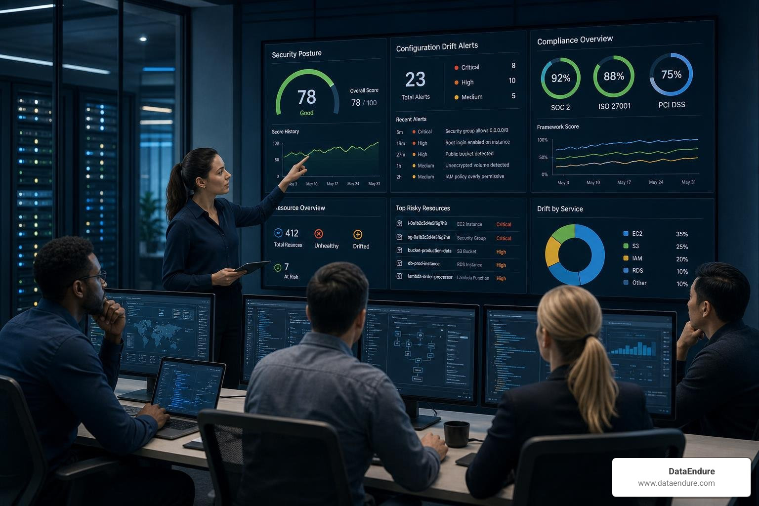 Continuous compliance dashboard showing real-time security posture, configuration drift, and compliance scores Continuous compliance dashboard showing real-time security posture, configuration drift, and compliance scores
