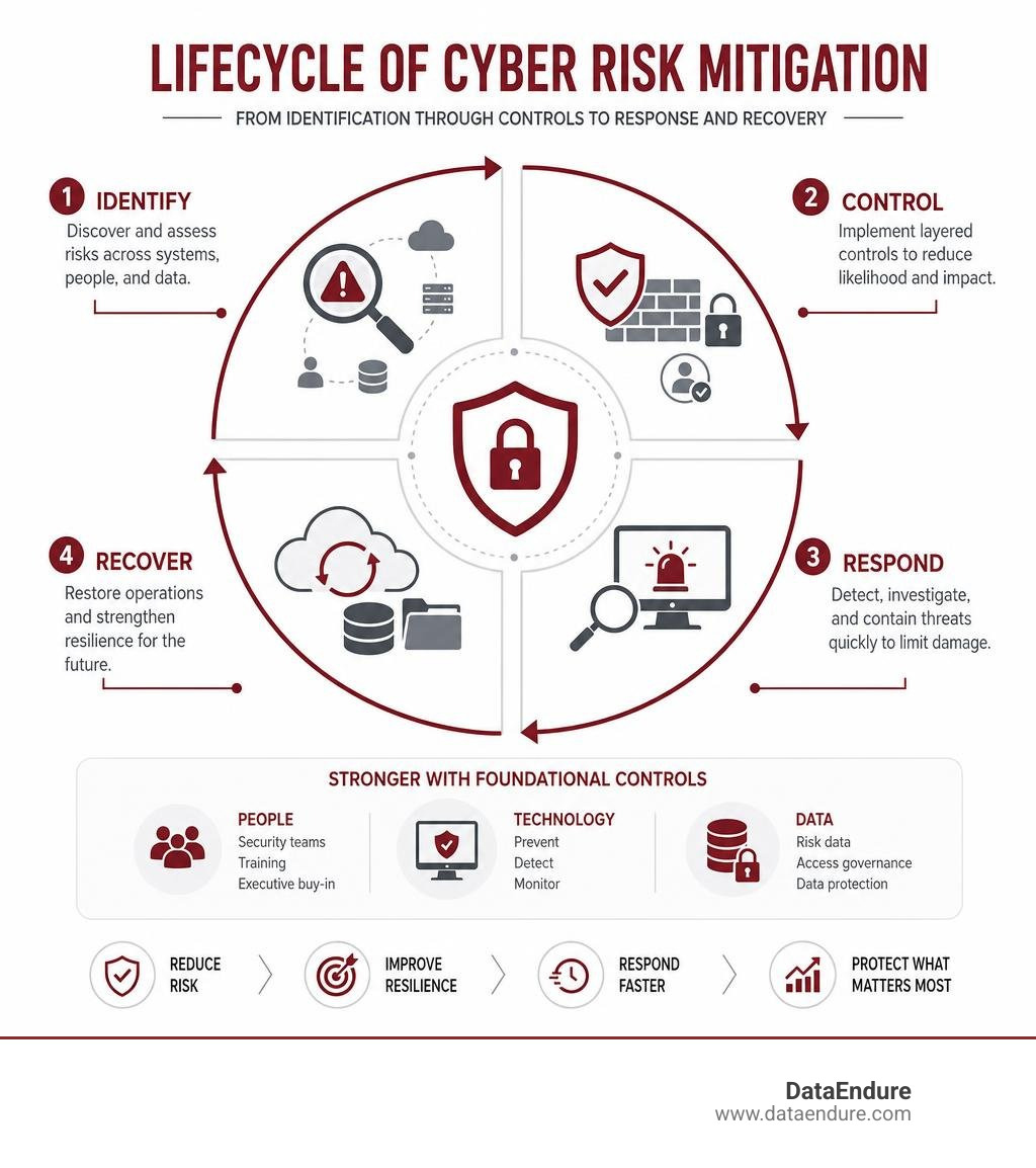 Lifecycle of cyber risk mitigation from identification through controls to response and recovery infographic Lifecycle of cyber risk mitigation from identification through controls to response and recovery infographic
