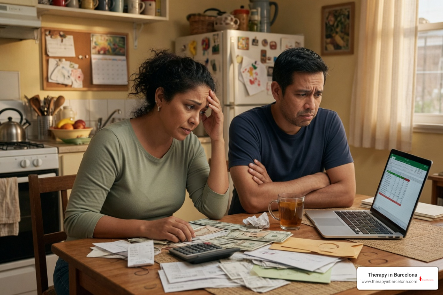 A diverse couple, Ana and Ben, sitting at a table with bills scattered, a tense atmosphere, illustrating a point of conflict over finances. - narrative therapy with intercultural couples a case study