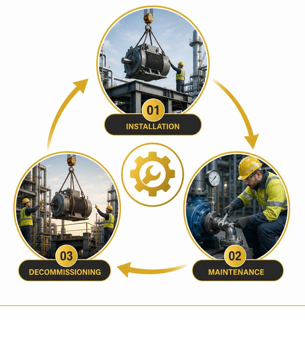 Infographic showing millwright trade lifecycle from installation to maintenance to decommissioning with key facts infographic Infographic showing millwright trade lifecycle from installation to maintenance to decommissioning with key facts infographic